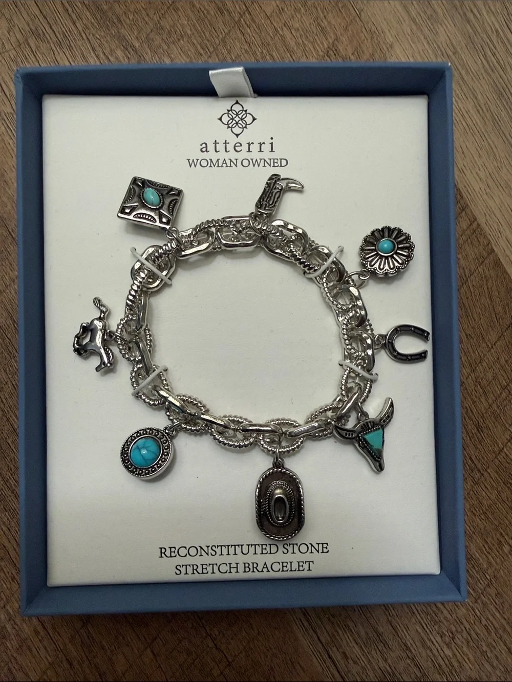 atterri Reconstituted Stone Turquoise Charm Stretch Bracelet, NWTs